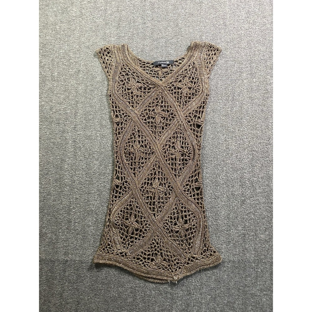 Forever 21 Metallic Crochet Swim Cover Up Dress Brown Womens Small Boho Beach